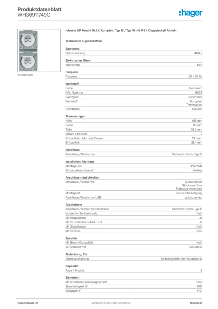 Bild Hager Produktdatenblatt WH36911749C | Hager Schweiz