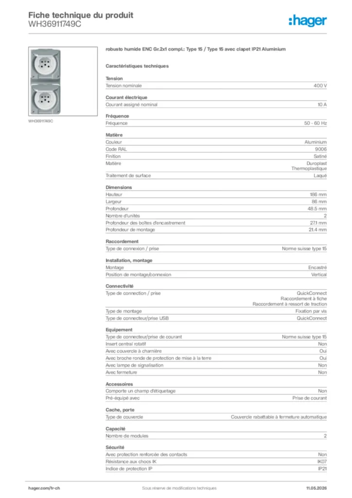 Image Hager Fiche technique du produit WH36911749C | Hager Suisse