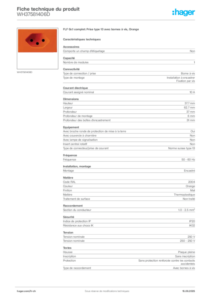 Image Hager Fiche technique du produit WH37581406D | Hager Suisse