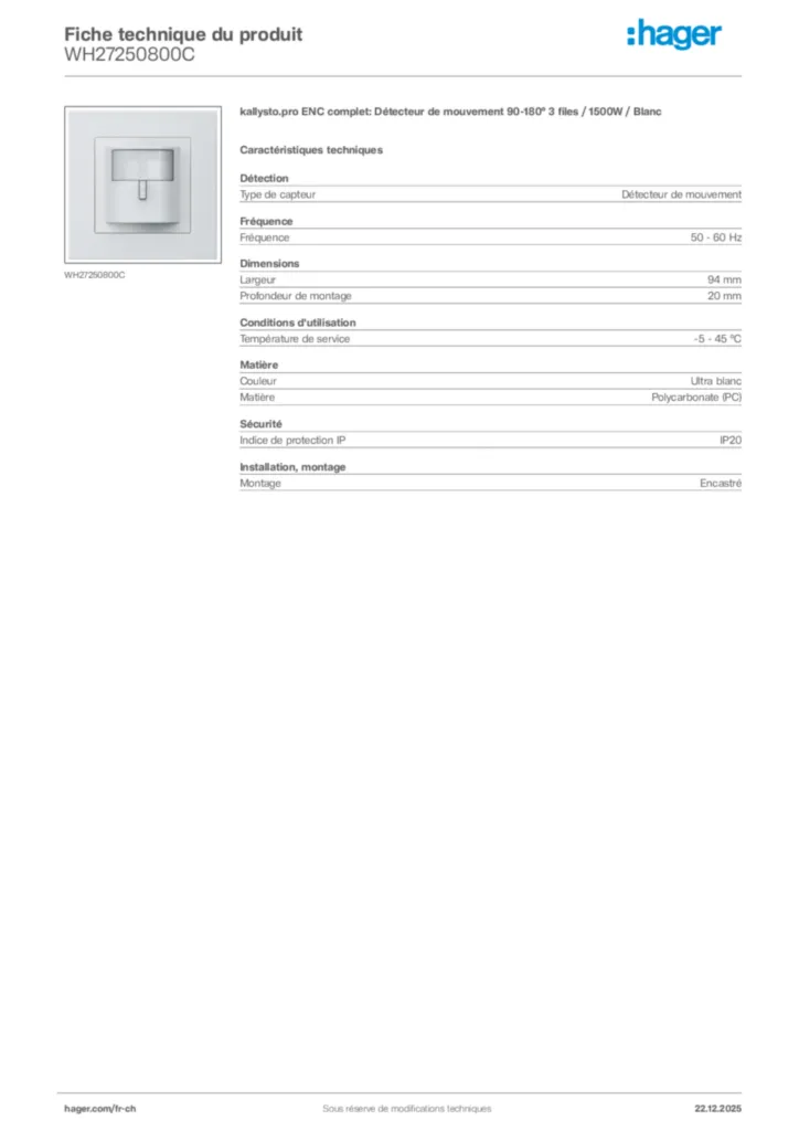 Image Hager Fiche technique du produit WH27250800C | Hager Suisse