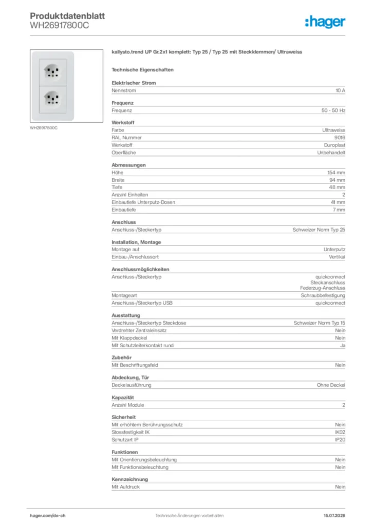 Bild Hager Produktdatenblatt WH26917800C | Hager Schweiz