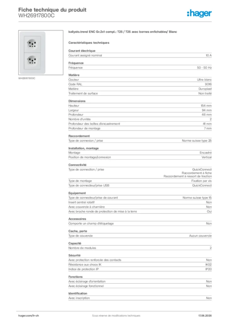 Image Hager Fiche technique du produit WH26917800C | Hager Suisse