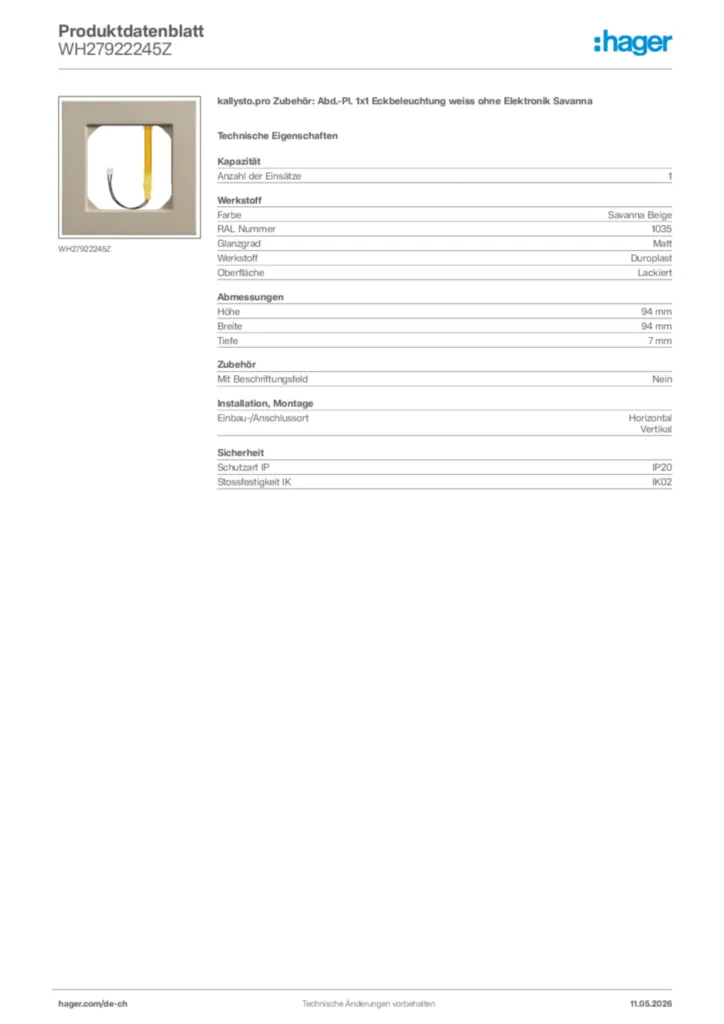 Bild Hager Produktdatenblatt WH27922245Z | Hager Schweiz
