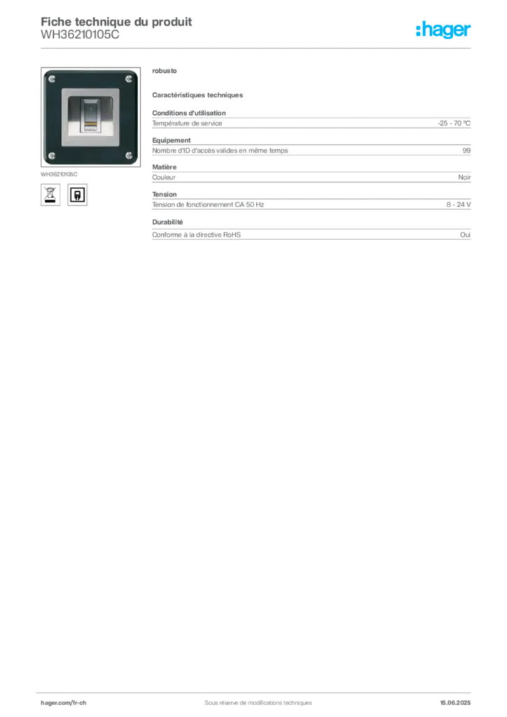 Image Hager Fiche technique du produit WH36210105C | Hager Suisse