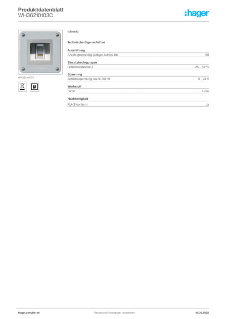 Bild Hager Produktdatenblatt WH36210103C | Hager Schweiz