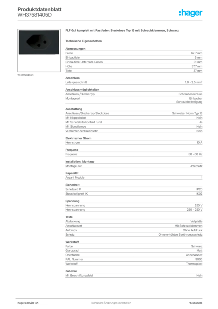 Bild Hager Produktdatenblatt WH37581405D | Hager Schweiz