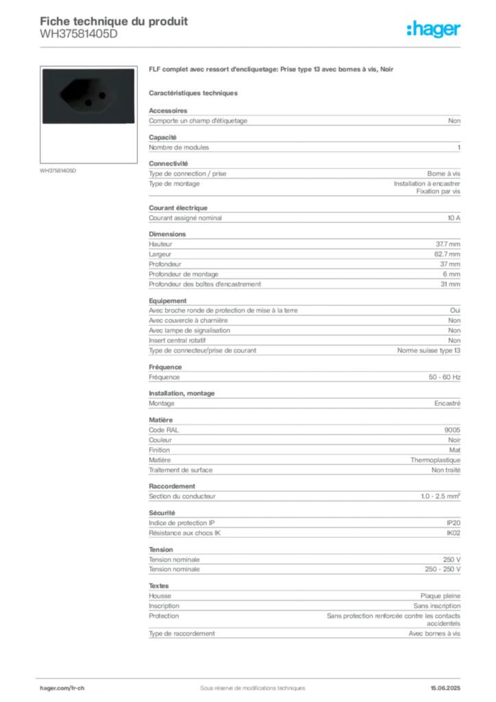 Image Hager Fiche technique du produit WH37581405D | Hager Suisse