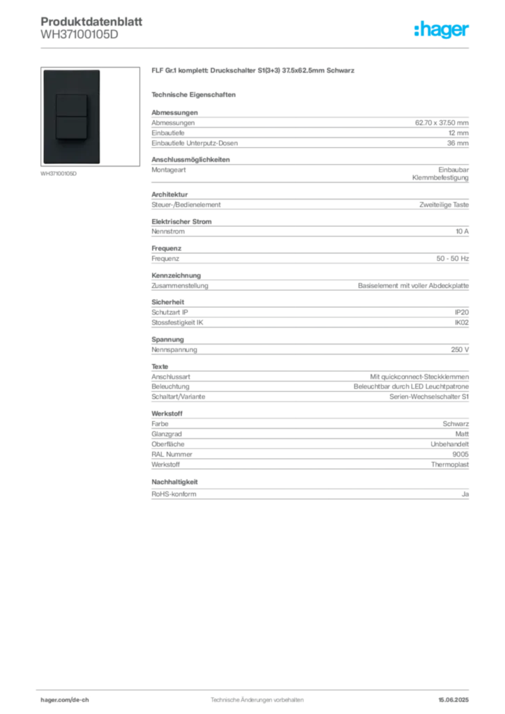 Bild Hager Produktdatenblatt WH37100105D | Hager Schweiz