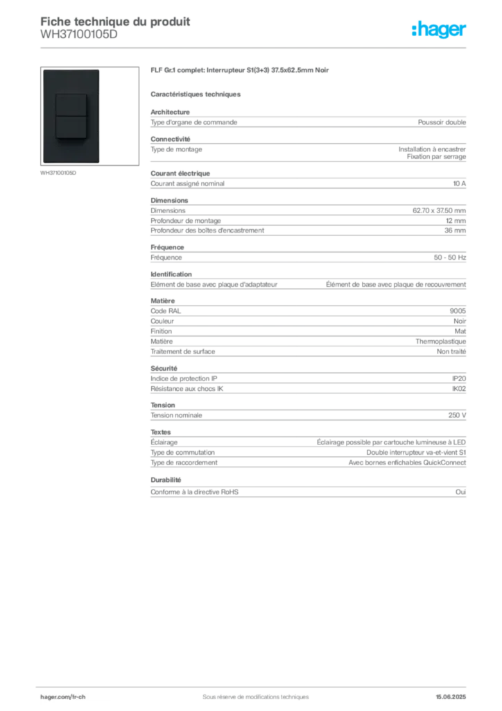 Image Hager Fiche technique du produit WH37100105D | Hager Suisse