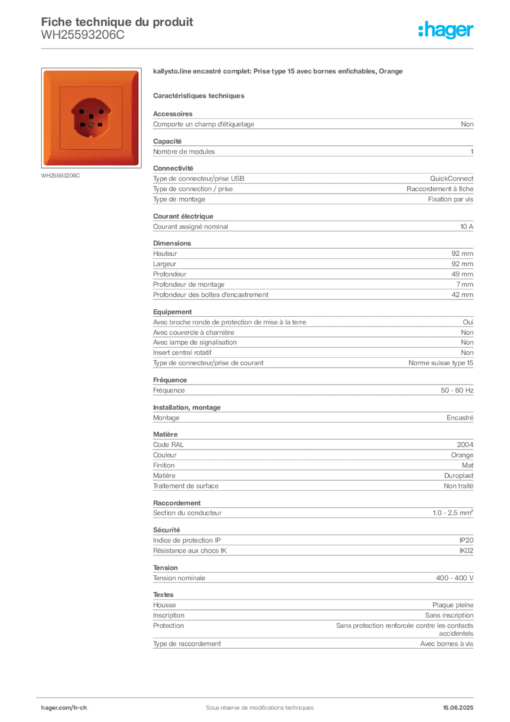 Image Hager Fiche technique du produit WH25593206C | Hager Suisse