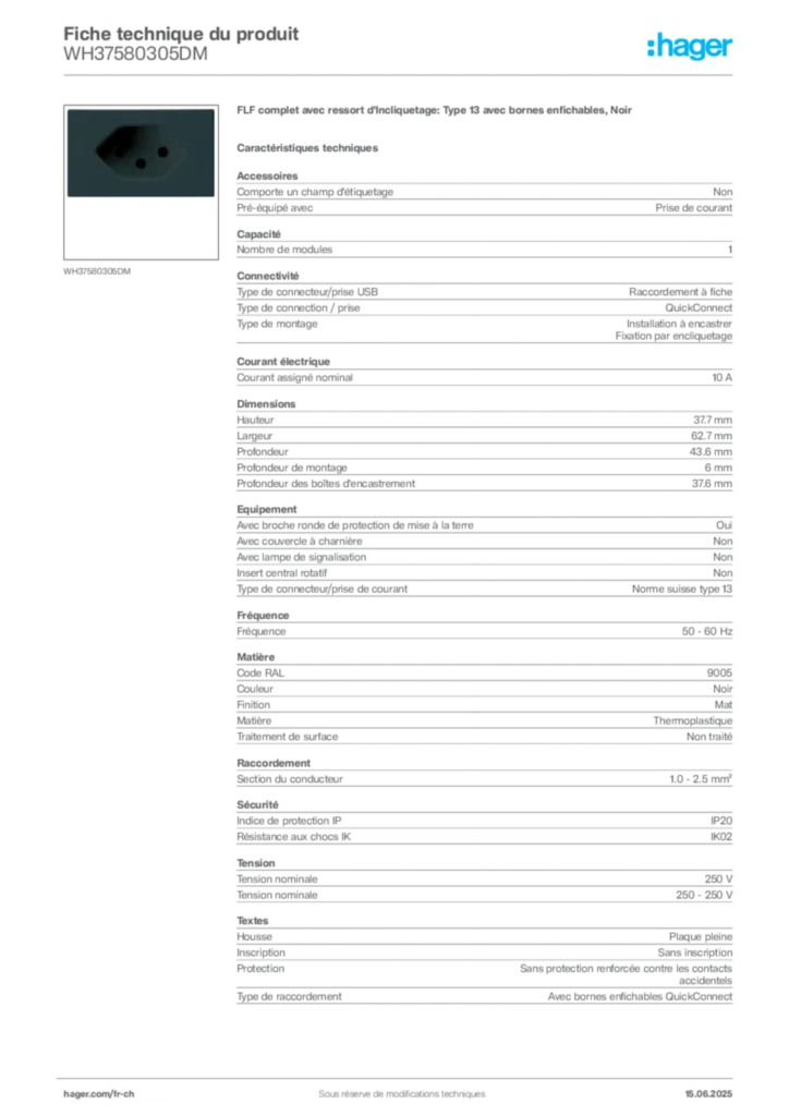 Image Hager Fiche technique du produit WH37580305DM | Hager Suisse
