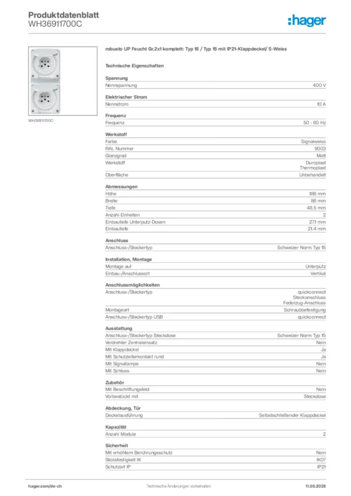 Bild Hager Produktdatenblatt WH36911700C | Hager Schweiz