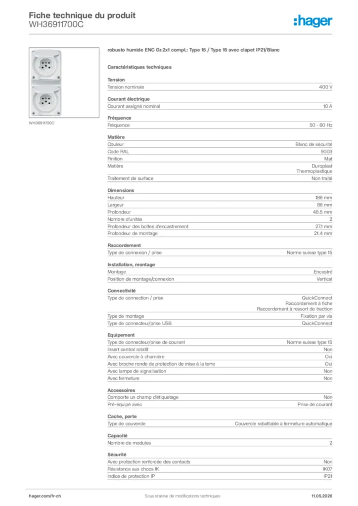 Image Hager Fiche technique du produit WH36911700C | Hager Suisse