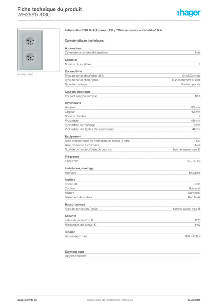 Image Hager Fiche technique du produit WH25917703C | Hager Suisse