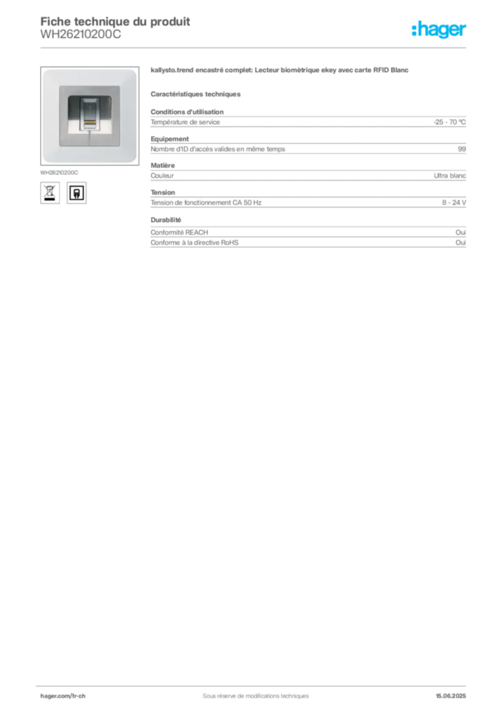 Image Hager Fiche technique du produit WH26210200C | Hager Suisse