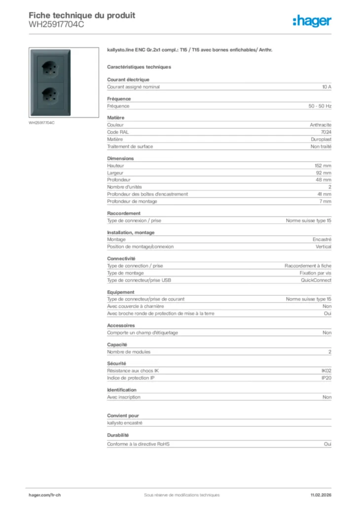 Image Hager Fiche technique du produit WH25917704C | Hager Suisse