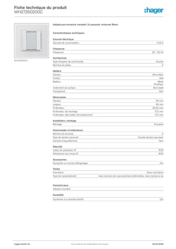 Image Hager Fiche technique du produit WH27260200C | Hager Suisse