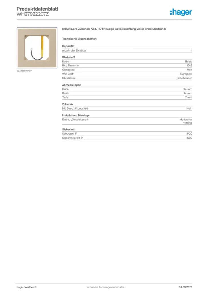 Bild Hager Produktdatenblatt WH27922207Z | Hager Schweiz