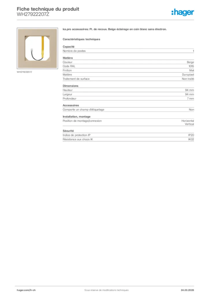 Image Hager Fiche technique du produit WH27922207Z | Hager Suisse