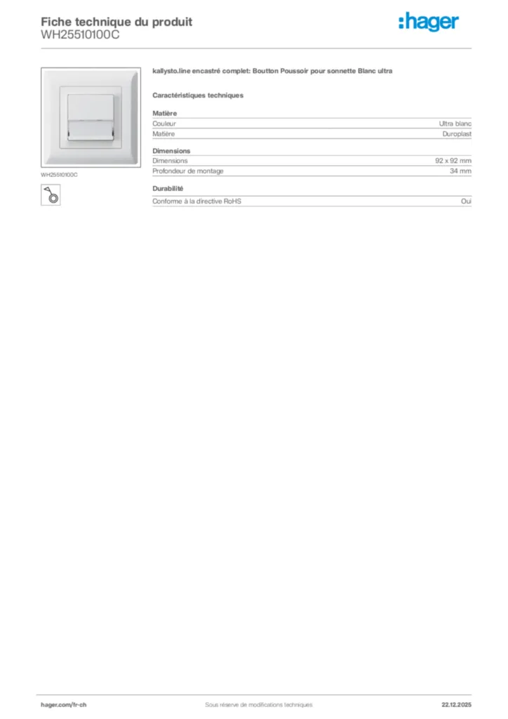 Image Hager Fiche technique du produit WH25510100C | Hager Suisse