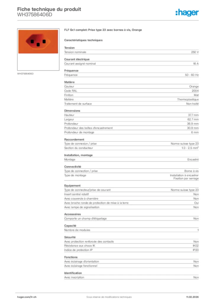 Image Hager Fiche technique du produit WH37586406D | Hager Suisse