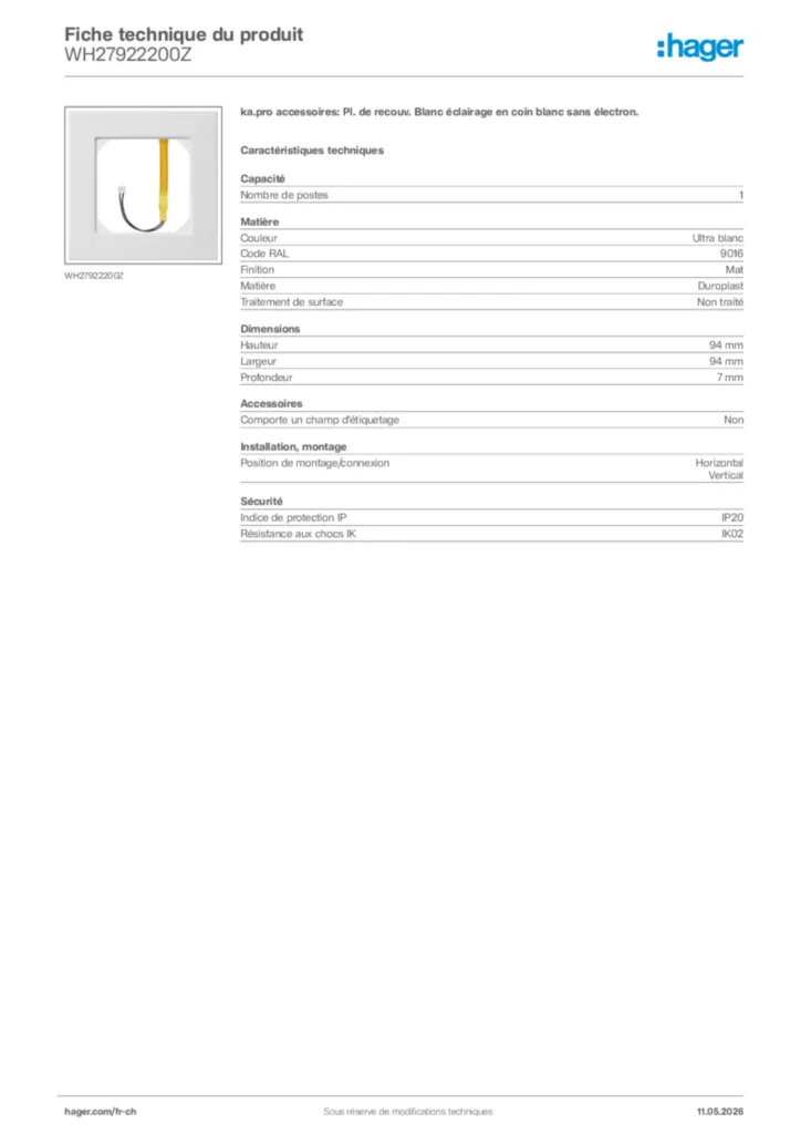 Image Hager Fiche technique du produit WH27922200Z | Hager Suisse