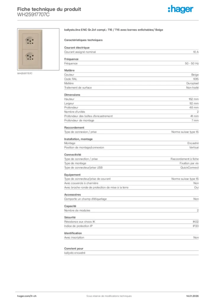 Image Hager Fiche technique du produit WH25917707C | Hager Suisse