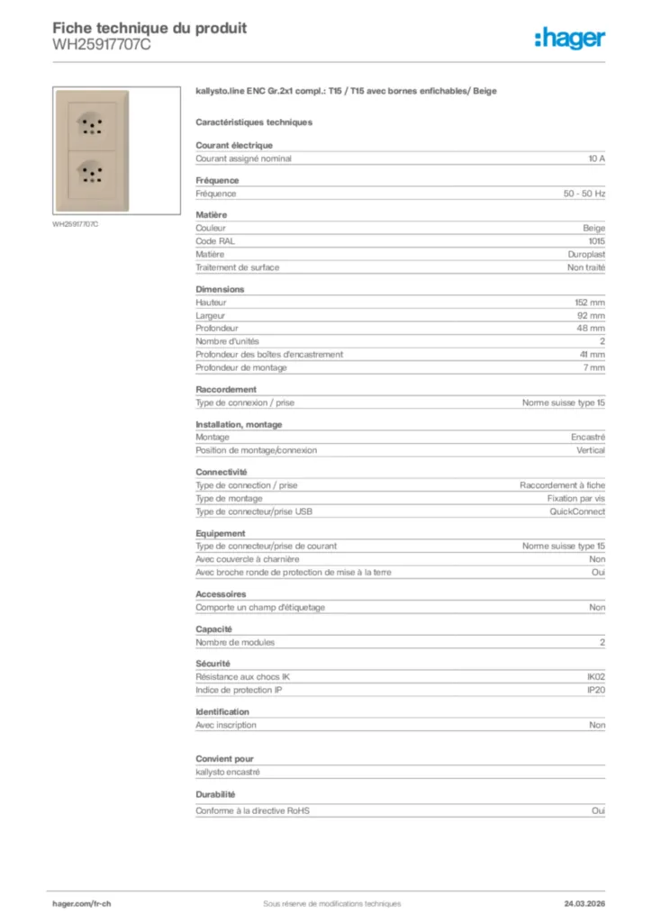 Image Hager Fiche technique du produit WH25917707C | Hager Suisse