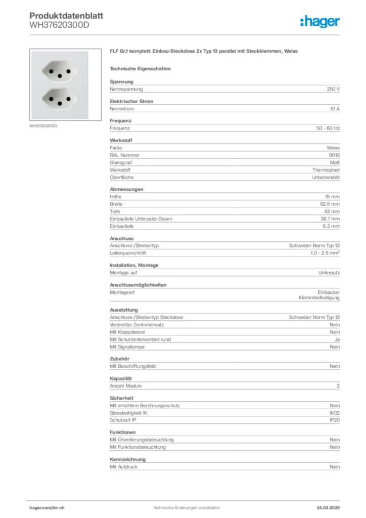 Bild Hager Produktdatenblatt WH37620300D | Hager Schweiz
