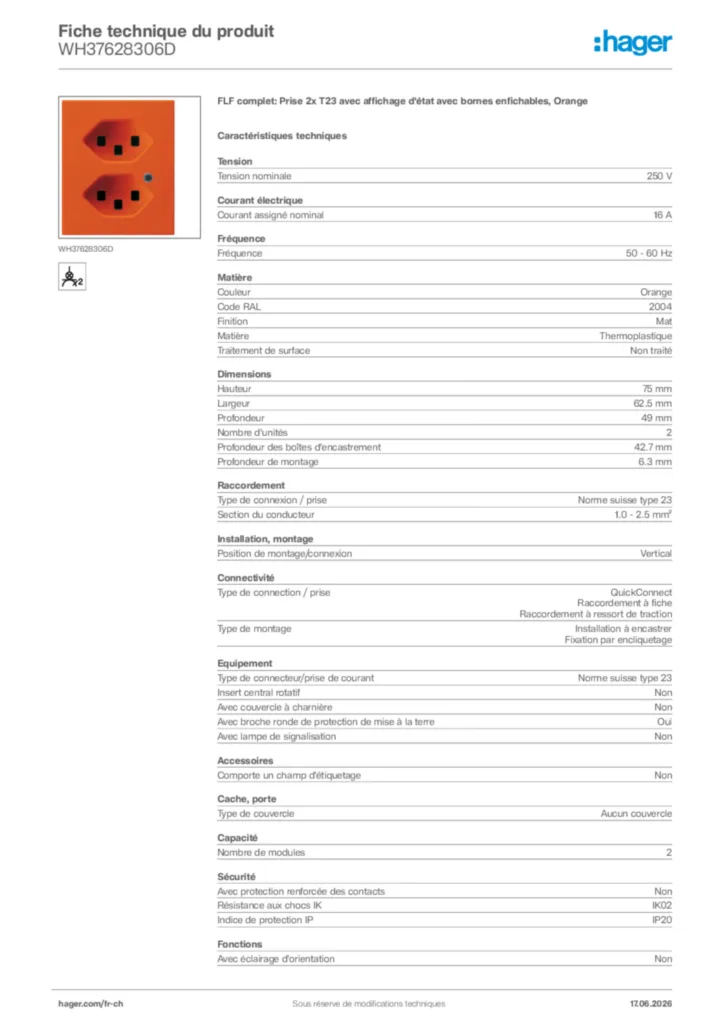 Image Hager Fiche technique du produit WH37628306D | Hager Suisse