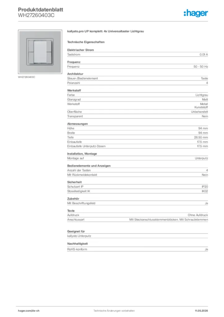 Bild Hager Produktdatenblatt WH27260403C | Hager Schweiz