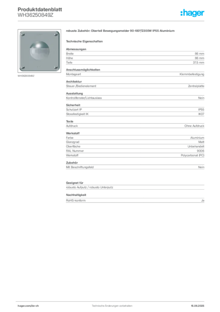Bild Hager Produktdatenblatt WH36250849Z | Hager Schweiz