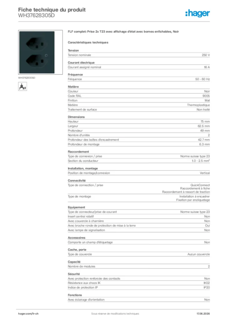 Image Hager Fiche technique du produit WH37628305D | Hager Suisse