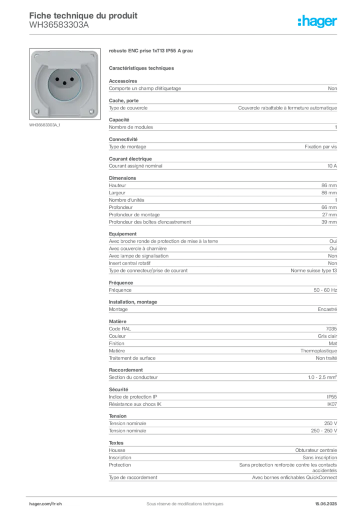 Image Hager Fiche technique du produit WH36583303A | Hager Suisse