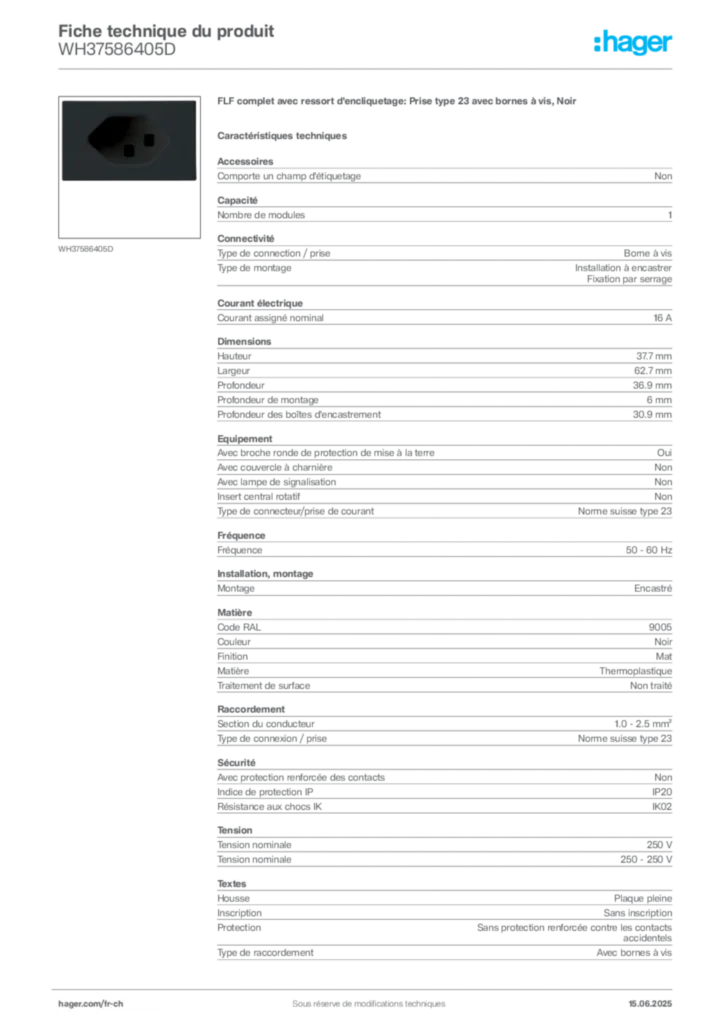 Image Hager Fiche technique du produit WH37586405D | Hager Suisse