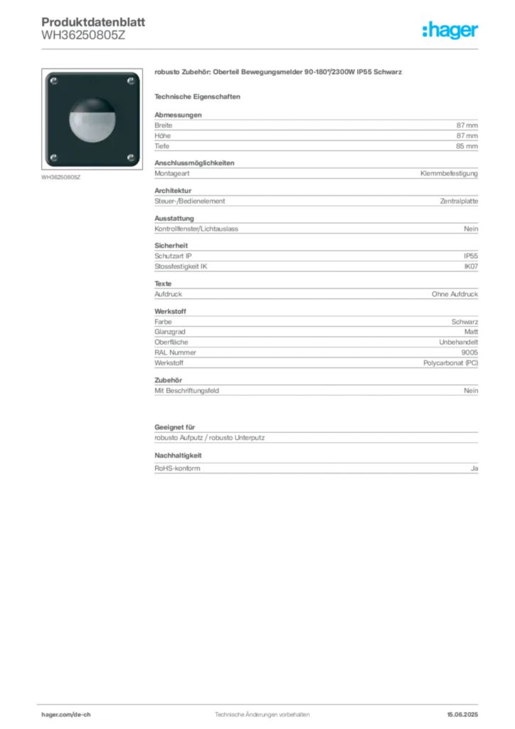 Bild Hager Produktdatenblatt WH36250805Z | Hager Schweiz
