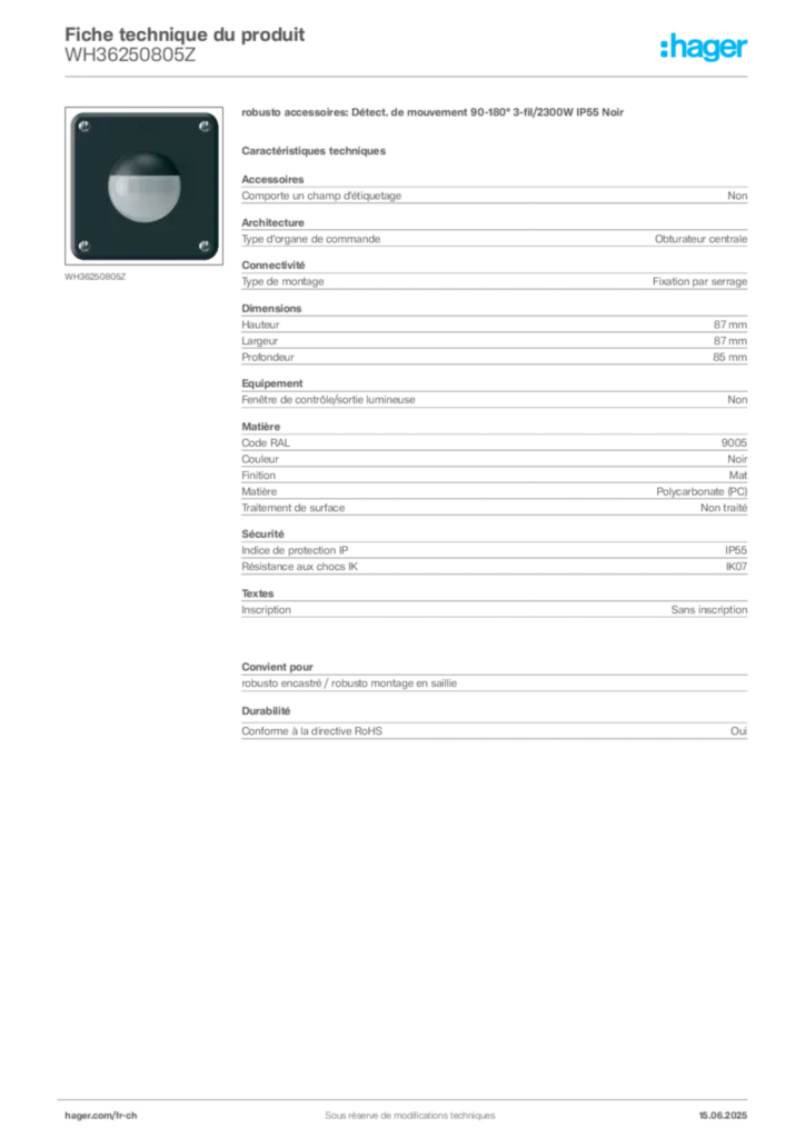 Image Hager Fiche technique du produit WH36250805Z | Hager Suisse