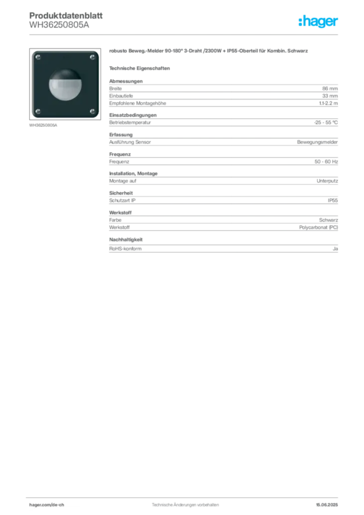 Bild Hager Produktdatenblatt WH36250805A | Hager Schweiz