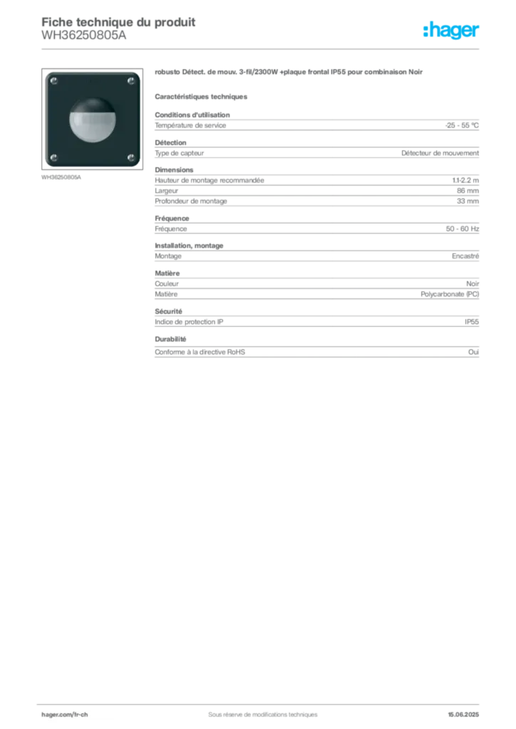 Image Hager Fiche technique du produit WH36250805A | Hager Suisse