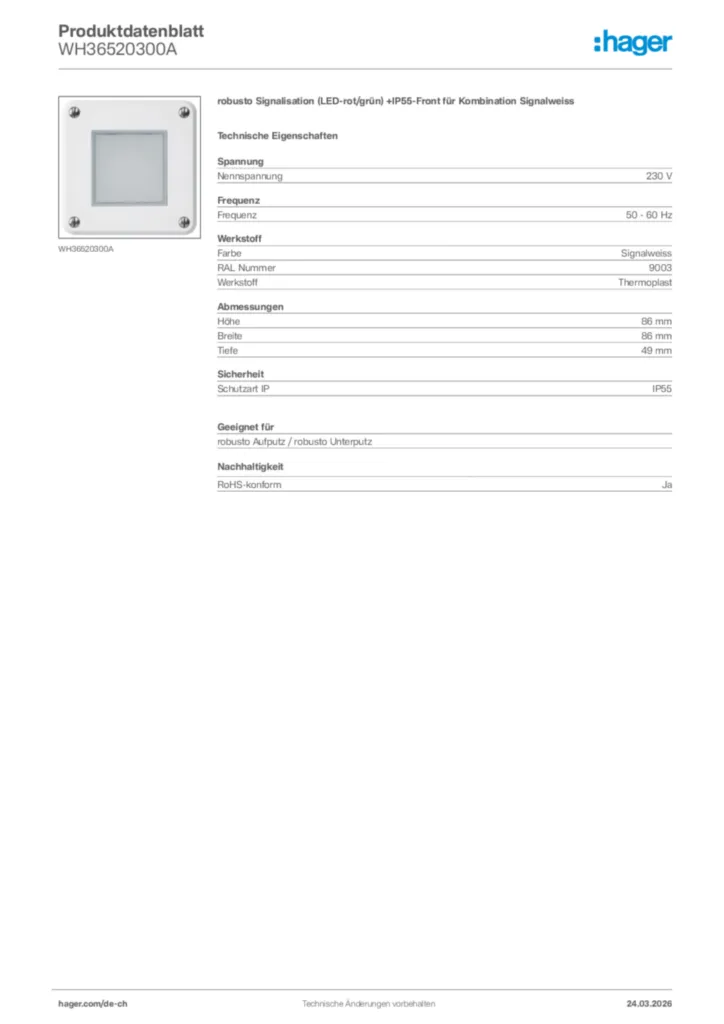 Bild Hager Produktdatenblatt WH36520300A | Hager Schweiz