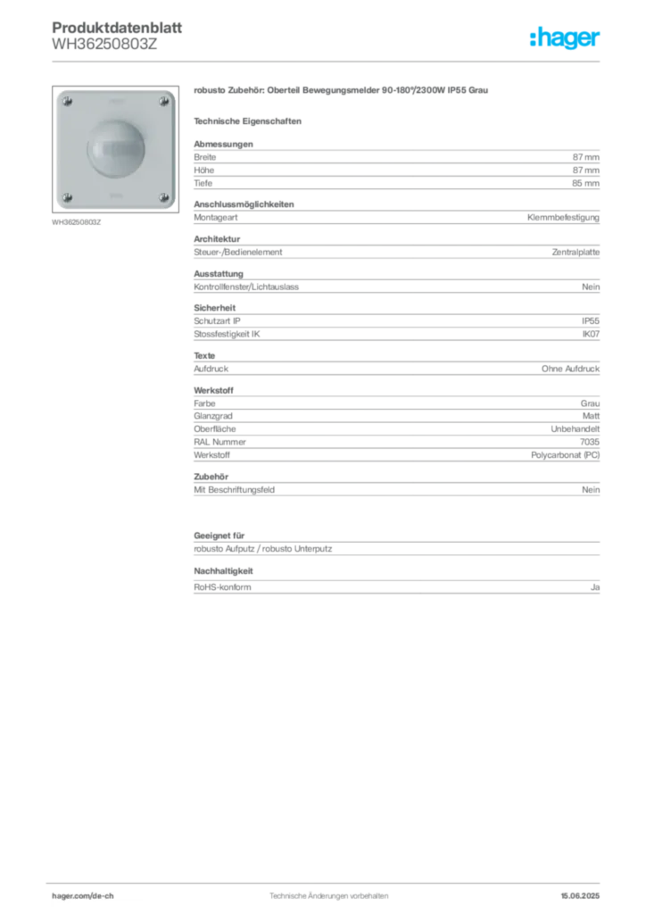 Bild Hager Produktdatenblatt WH36250803Z | Hager Schweiz