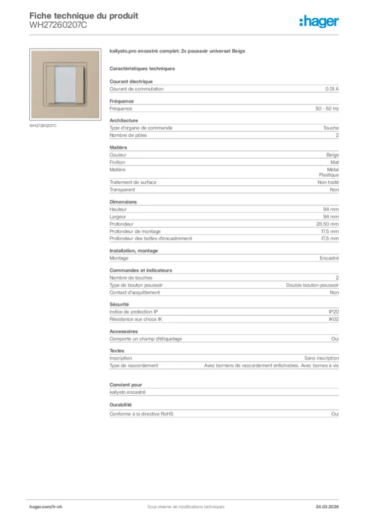 Image Hager Fiche technique du produit WH27260207C | Hager Suisse