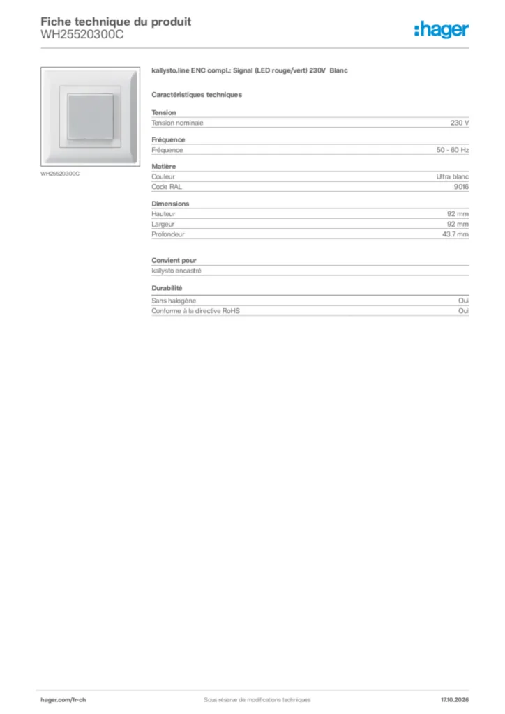 Image Hager Fiche technique du produit WH25520300C | Hager Suisse