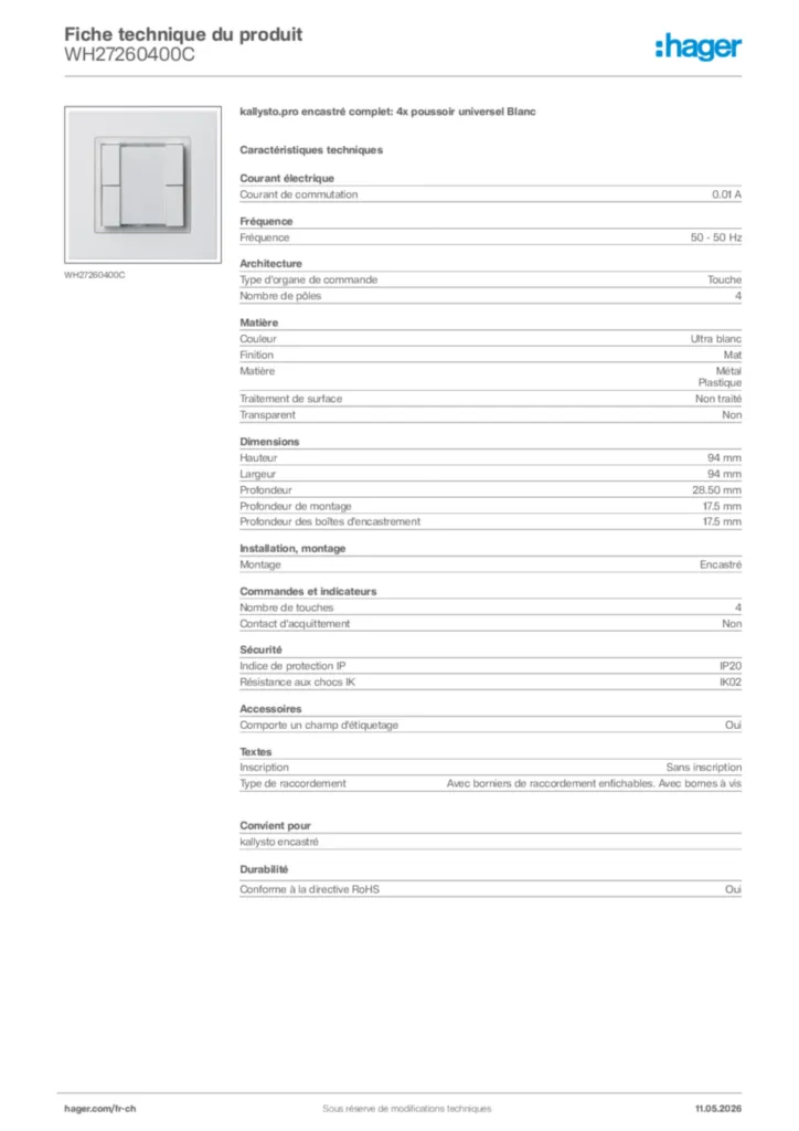 Image Hager Fiche technique du produit WH27260400C | Hager Suisse