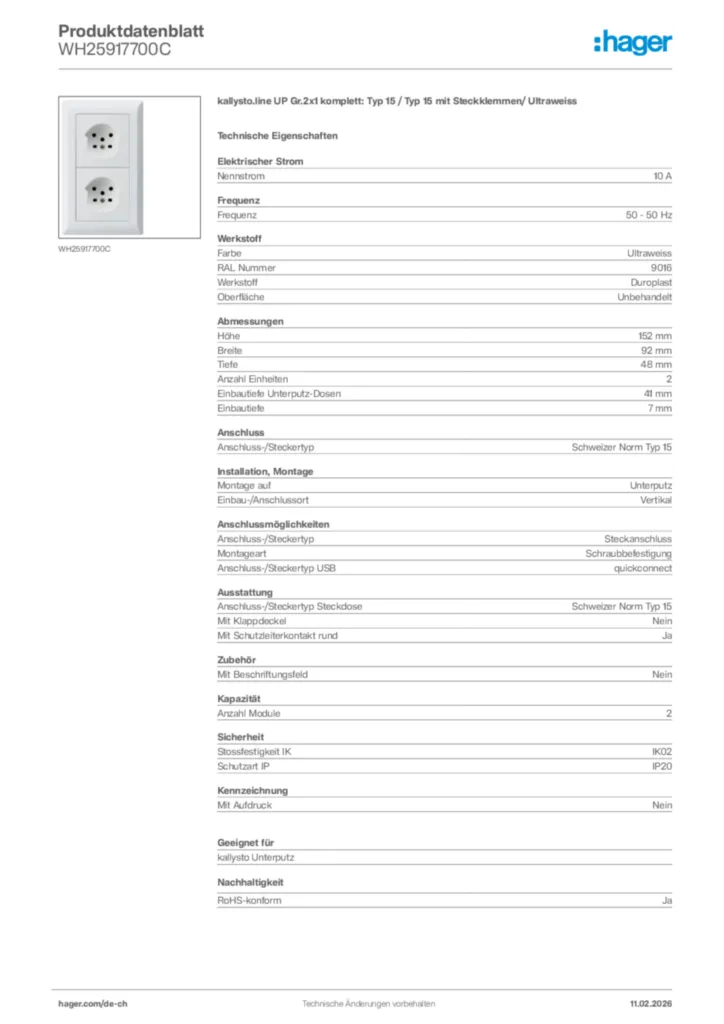 Bild Hager Produktdatenblatt WH25917700C | Hager Schweiz