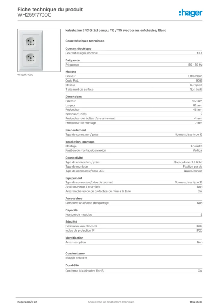 Image Hager Fiche technique du produit WH25917700C | Hager Suisse