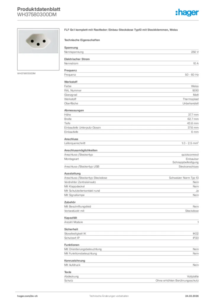 Bild Hager Produktdatenblatt WH37580300DM | Hager Schweiz