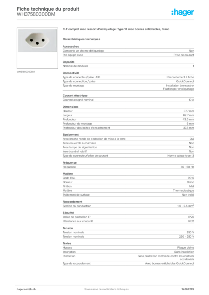 Image Hager Fiche technique du produit WH37580300DM | Hager Suisse