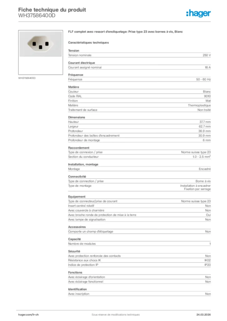 Image Hager Fiche technique du produit WH37586400D | Hager Suisse
