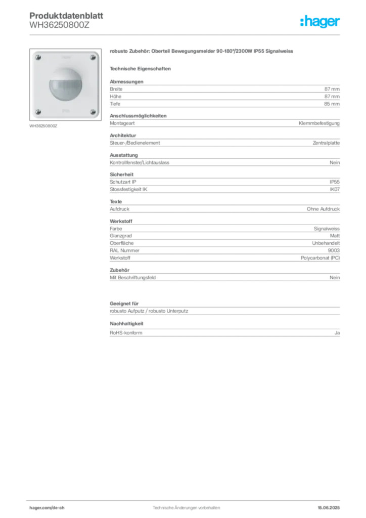 Bild Hager Produktdatenblatt WH36250800Z | Hager Schweiz